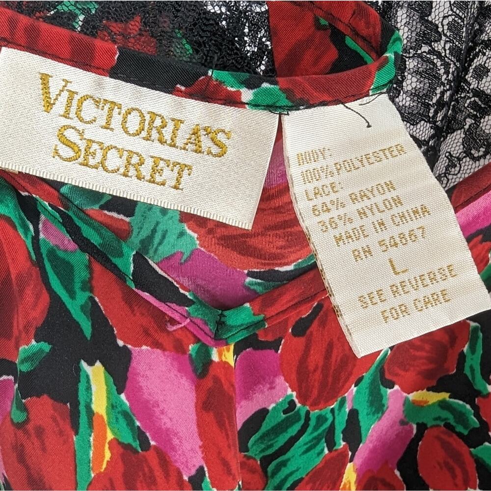 Vintage Victoria’s Secret Tulip Print Lace Trim Slip Dress - Red Pink Black Lrg - Picture 5 of 6